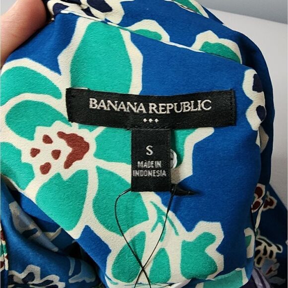 Banana Republic Blouse Top Small Blue Green Floral Split Back Blouse Women NWT - Picture 6 of 10
